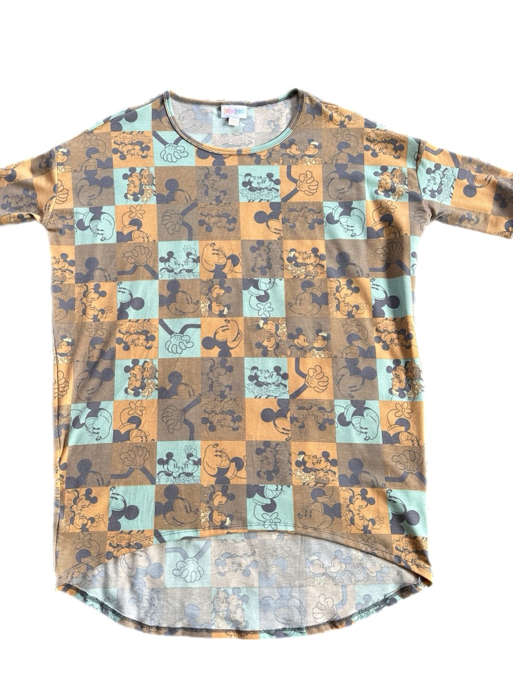 LuLaRoe Short Sleeve Disney Checkerboard Mickey Top in Tan & Mint